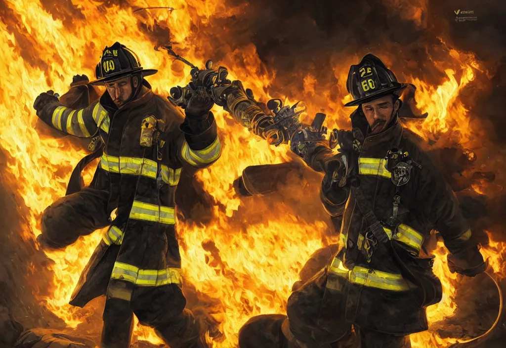 Image similar to one heroic firefighter in action in black and yellow uniform, fire flames, sharp details, sharp focus, realistic, highly detailed, illustration, by yerbol bulentayev and murat gul and pablo olivera and greg rutkowski