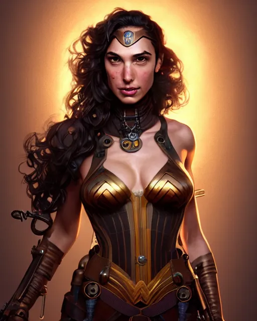 Image similar to steampunk portrait of gal gadot, au naturel, hyper detailed, digital art, trending in artstation, cinematic lighting, studio quality, smooth render, unreal engine 5 rendered, octane rendered, art style by klimt and nixeu and ian sprigger and wlop and krenz cushart.