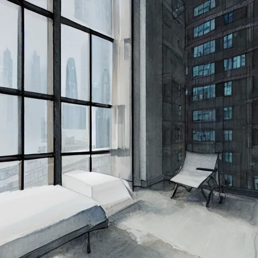 Prompt: modern loft overlooking central park in a blizzard, sketch over watercolor lines, artstation, pastels, octane, unreal engine, dynamic