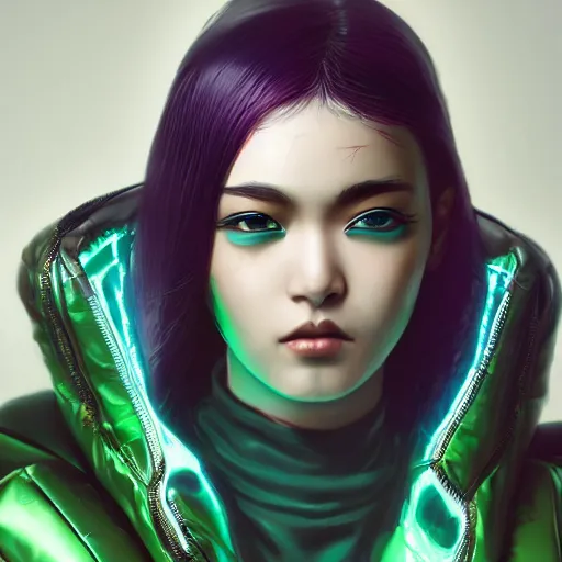 Prompt: young Asian Cyberpunk woman with green hair, Close up portrait, wearing a leather jacket, visor, hyperdetailed, artstation, cgsociety, 8k, nighttime