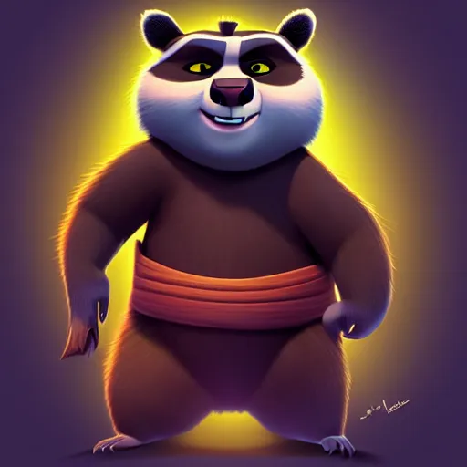 Image similar to “ portrait of a racoon in the style of kung fu panda holding laser gun, with a black background, digital art, award winning, trending on art station, retro style ”