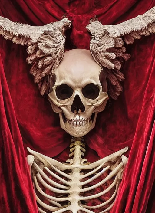 Prompt: a intricate epic view of a owl demon skeleton using reddish velvet veil sculpted by bernini and antonio corradini