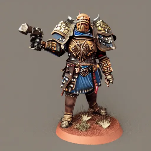 Prompt: warhammer fantasy battle, empire handgunner, detailed human face, brown hair, detailed blue eyes, strong arms, armored legs, torso plate armor, anatomically correct, realistic, hyper realistic, miniature, model, 3 d printed, base