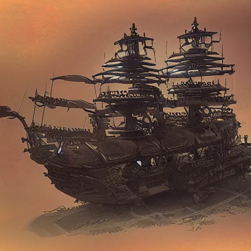 Image similar to future cybernetic steampunk pirate ship with robotic arms concept art by jung yeon min