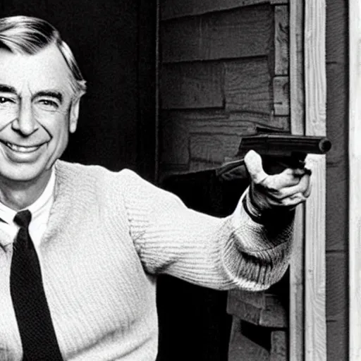 Prompt: Mr Rogers pointing a shotgun at a kid