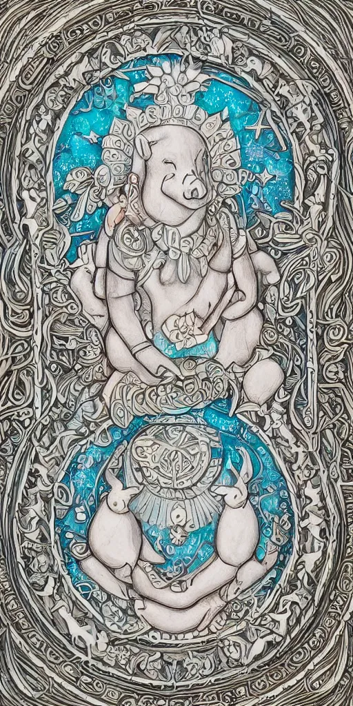 Image similar to intricate colourfully painted carved Soapstone relief paneling, white and pale blue , celestial, pig, piglet, piggy, pig goddess, mother earth, Earth Goddess mythology, Gaia, angels, divinity, Ghostly, crystaline celtic, insanly detailed , artstation, wallpaper, hyper realistic, realistic lighting