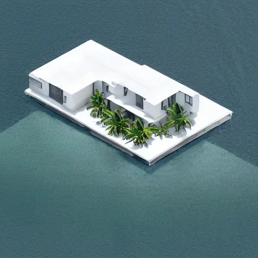 Prompt: “ a realistic model of a house floating on the beach of miami, 8 k render designed by norman foster ”