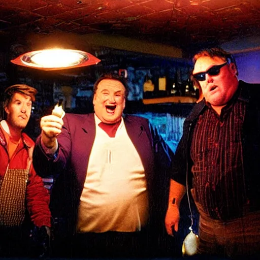 Prompt: robin williams and john candy wearing bbq sauce - stained clothing, wandering through the diner labyrinth, bbq sauce flashlights, global illumination, gold dappled light, style of timesplitters