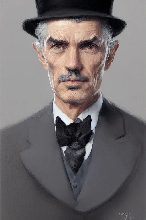 Prompt: a grey hair man with stubble top hat and suit by Greg Rutkowski, painting, portrait, high details, trending on artstation