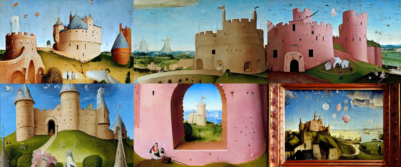 Prompt: castle wall made of Rose Quartz, blue skies, detailed painting by Hieronymus Bosch