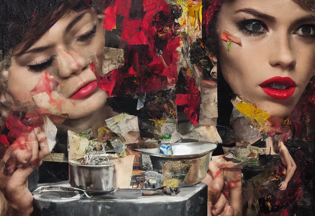 Prompt: oil painting, with an ashtray on top, collage, paper, girl faces, ultra detailed, high resolution, cinematic, unreal 6