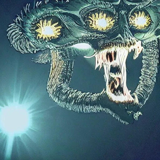 Image similar to footage of a wildcamera showing a demogorgon by night