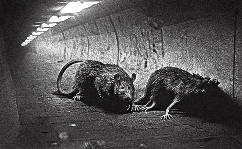 Image similar to very large giant mutant zombie rat with cancer in tonnel of moscow metro. extreme high detail. low dark light, scary atmosphere. 1 9 7 0