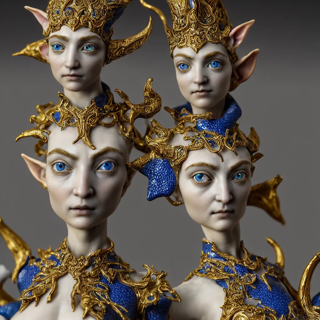 Image similar to a closeup photo - real delicate ceramic porcelain sculpture of an ornate detailed elf in front of an intricate background by rafael, micro detail, backlit lighting, subsurface scattering, translucent, thin porcelain, octane renderer, black and blue and gold jewelry, physically based rendering, trending on cgsociety