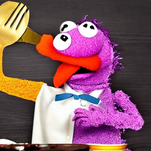 Prompt: a woman with a fork eating a muppet