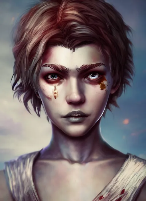 Image similar to an epic fantasy comic book style portrait painting of a girl with short straggly hair, low lethargic insouciance voice with a drawl wearing a ragged dress, unreal 5, daz, hyperrealistic, octane render, cosplay, rpg portrait, dynamic lighting