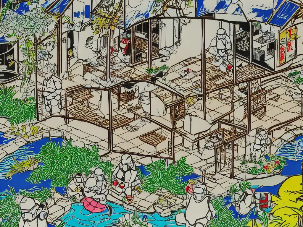 Image similar to detailed close - up image of the japanese home with a garden and a pond, 2 stormtroopers sitting around it, pop - art style, jacky tsai style, andy warhol style, roy lichtenstein style, rich palette, acrylic on canvas