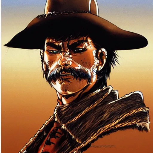 Prompt: spaghetti western vaquero, yoshitaka amano character design