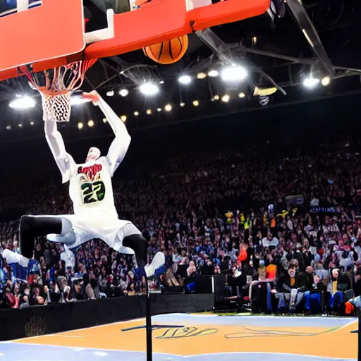 Image similar to photograph of the joker from batman dunking, highlights of the 2 0 1 9 nba slam dunking contest