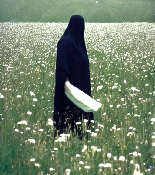 Prompt: white grim reaper with no face standing at distance looking at you in beautiful meadow of flowers, film photo from 1970s, grainy, high detail, high resolution