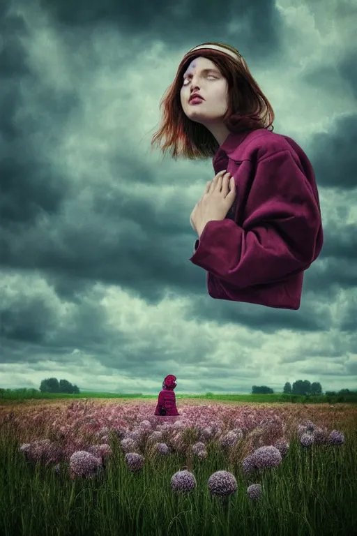 Image similar to portrait, enormous thistle flower under head, a girl in a coat in field, surreal photography, wind, cloudy sky, dramatic light, impressionist painting, digital painting, artstation, simon stalenhag