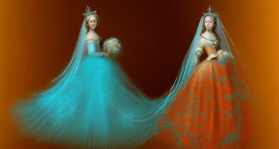 Prompt: character concept sheet of a princess in wedding dress. by ( rembrandt painting ( 1 0 0 ) ( fractal flame ) ), highly detailded, turquoise rust