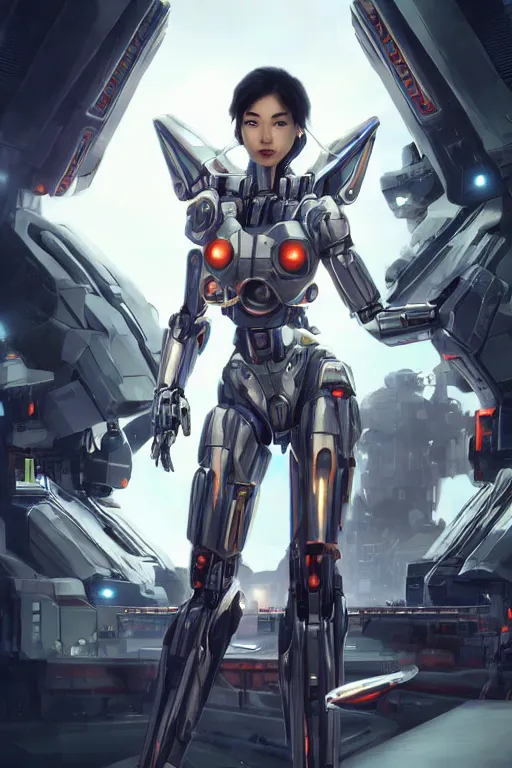 Prompt: a young attractive Asian woman in the pilot's seat of a massive sci-fi mecha, dramatic pose, at night, LEDs, highly detailed, photorealistic, volumetric lighting, digital art, octane render, in the style of Artgerm and Tom Bagshaw