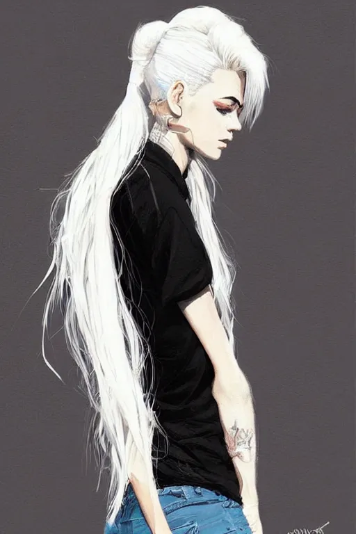 Image similar to a ultradetailed beautiful painting of a stylish woman in with white hair in a ponytail, she is wearing a black tank top and jeans, by conrad roset, greg rutkowski and makoto shinkai trending on artstation