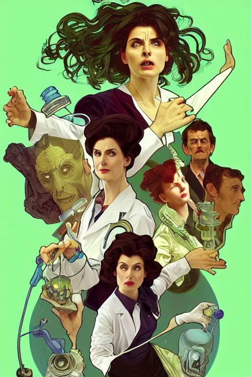 Image similar to doctor who, woman, as a mad dentist, on a plain green background, art by artgerm and greg rutkowski and alphonse mucha