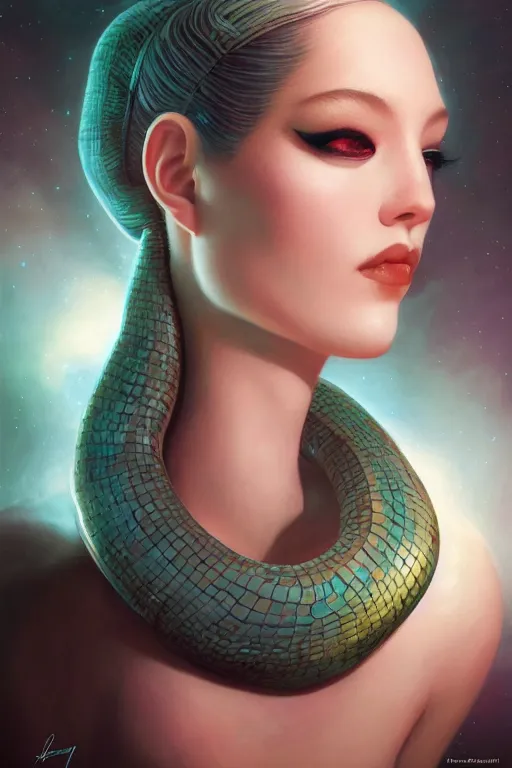 Image similar to portrait of an elegant alien queen with snake hair, straight on portrait, by artgerm, tom bagshaw, gerald brom, vaporwave colors, lo fi colors, vaporwave, lo fi, 2 point studio lighting, dramatic lighting, 4 k, hd,