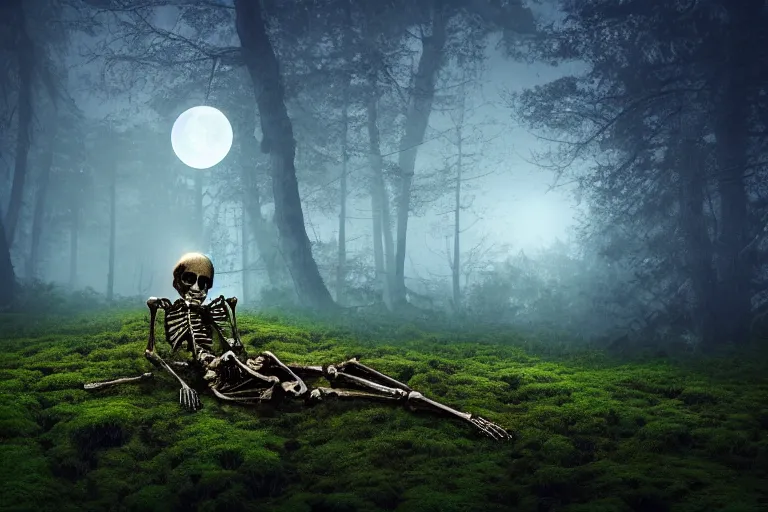 Image similar to a burning with fire human skeleton sitting behind computer, overgrown with moss, in foggy forest, at night with moon light, dark atmosphere, fantasy, digital art