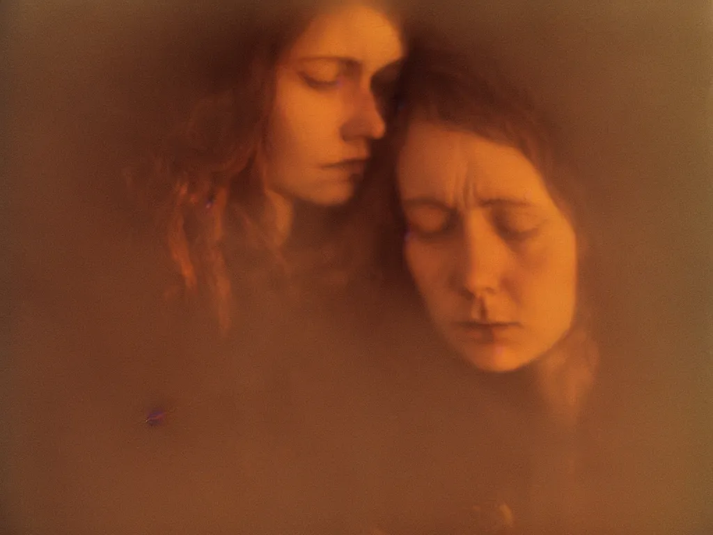 Image similar to close up portrait bust of woman, solemn expression, faded color film, russian cinema, tarkovsky, kodachrome, heavy forest, wood cabin in distance, long brown hair, old clothing, heavy fog, atmospheric haze, brown color palette, sunset, low light, hudson river school, 4 k, dramatic lighting