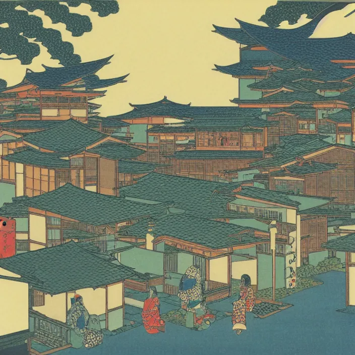 Image similar to a building in a serene landscape, ukiyoe