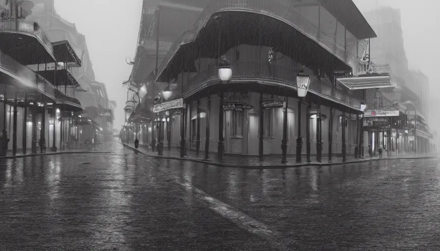 Prompt: empty bourbon street, rainy morning, wet ground, grey sky, hyperdetailed, artstation, cgsociety, 8 k