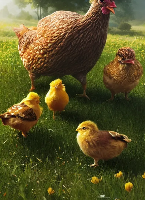 Image similar to a hen and her two cute small yellow chicks on a meadow, mama movie poster by nuri iyem, james gurney, james jean, greg rutkowski, anato finnstark. pixar. hyper detailed, 5 0 mm, award winning photography, perfect faces