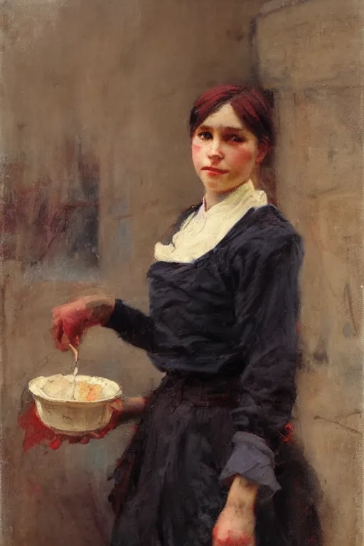 Image similar to Solomon Joseph Solomon and Richard Schmid and Jeremy Lipking victorian genre painting full length portrait painting of a young woman preparing a meal, red background