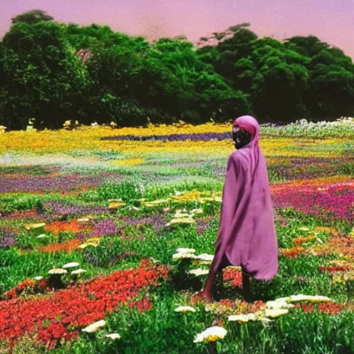 Prompt: somali friends, vintage, studio ghibli, field of flowers, city bridge, beautiful, happy, dreamy, pastel