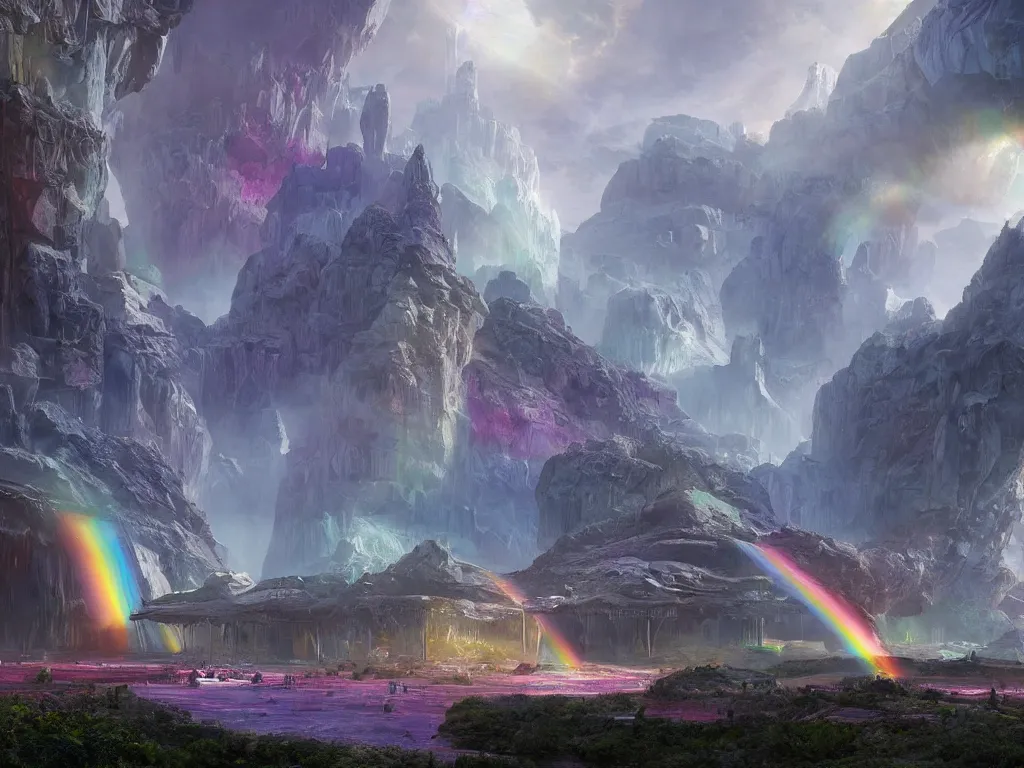 Image similar to giant crystal palace complex on an alien planet, rainbows, vivid color, highly detailed, intricate, by Raphael Lacoste, Eddie Mendoza, Alex Ross, Pilar Gogar, matte painting, 8K HDR