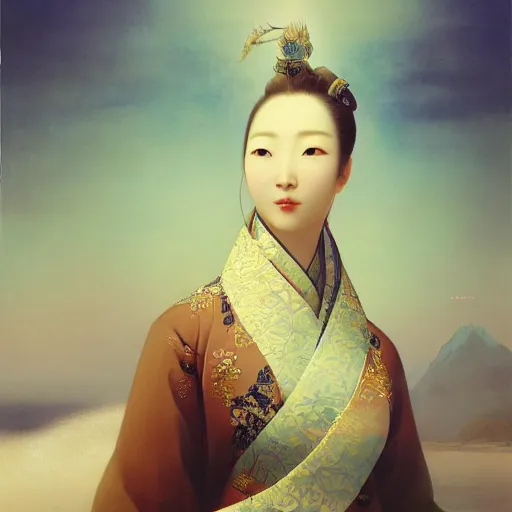 Prompt: close-up portrait of a beautiful Korean Luxurious Goddess wearing an elegant futuristic tsunami outfit posing dramatically in the art style of Aivazovsky, rule of thirds, fair complexity, 4k quality