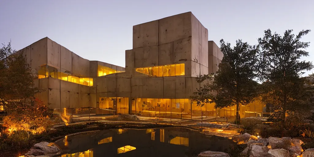 Image similar to wide angle photo of brutalist building made from reflective nickel chrome with copper and gold. late evening with reflective pool and glowing lights. highly reflective and shiny. frank loyde wright