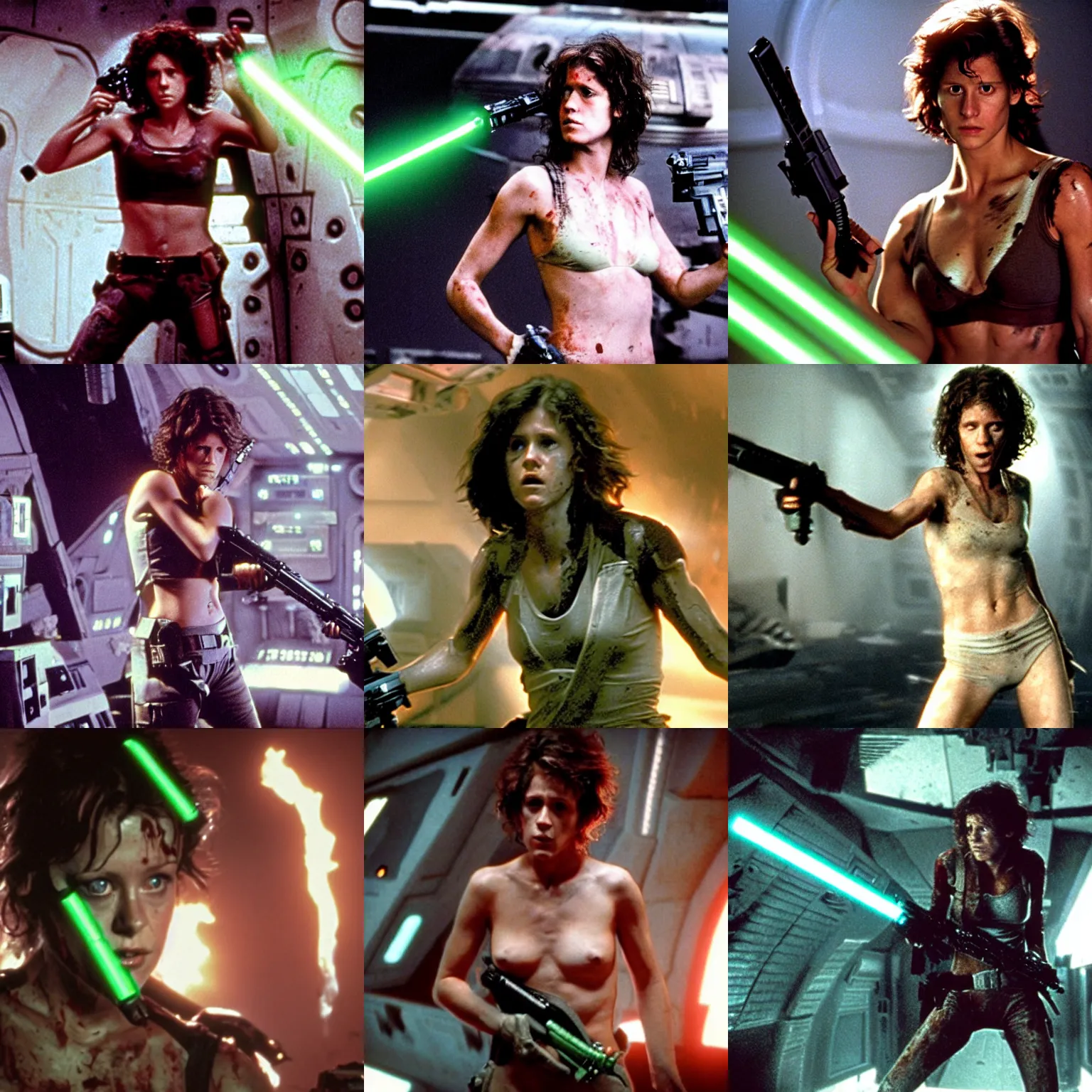 Prompt: half - naked and covered in blood, ellen ripley, performed by liv tylor, fights off hordes of aliens on the millennium falcon, holding a minigun in her right hand and a green long lightsaber in her left. a mandalorian stands behind her and helps her with shots from a laser pistol. the style of films from the 8 0 s.