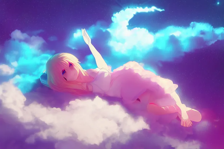 Image similar to a cute anime girl sleeping on a cloud, misty, glows, digital art, hazy, foggy, ambient lighting, 8 k, neon, synthwave,