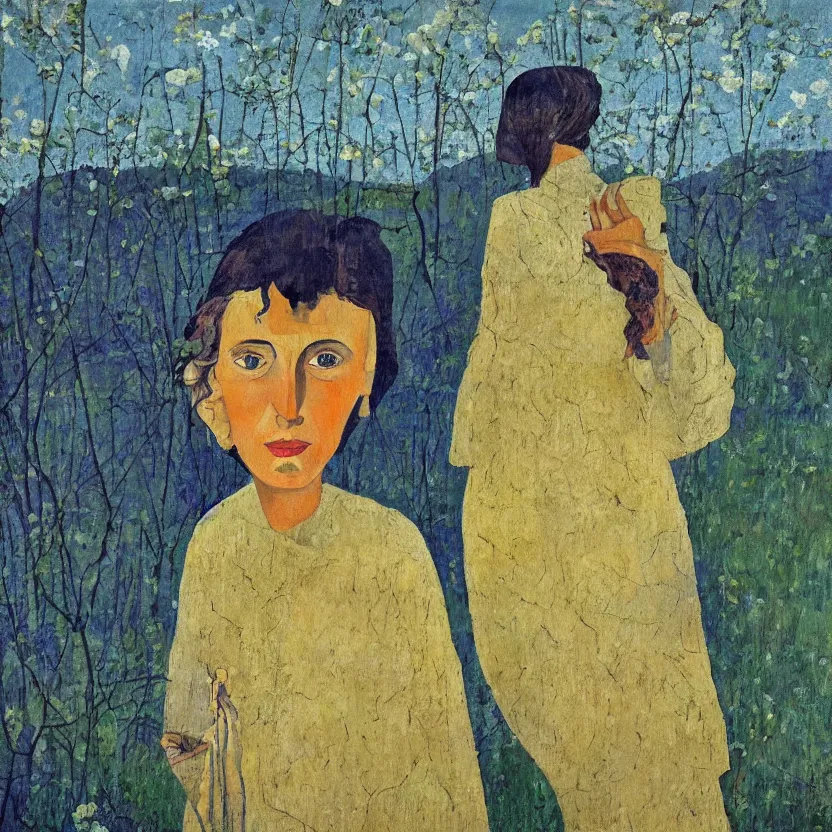 Prompt: a painted portrait of a women outdoors, art by felice casorati, aesthetically pleasing and harmonious natural colors, expressionism, fine day, mid shot portrait