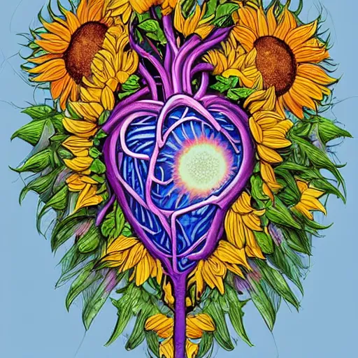 Image similar to a beautiful matte digital illustration by Larisa Novik of an anatomically correct heart bursting out of an anatomically correct skeletal rib-cage and exploding into rainbows and sunflowers, trending on artstation hq