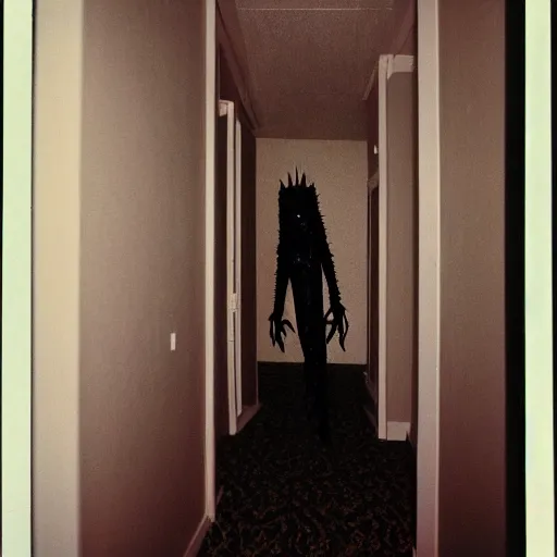 Image similar to extremely tall horror creature with long limbs and big teeth in the hallway at home at night, grainy color 35mm photograph