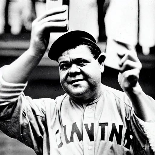 Prompt: a black and white still image of Babe Ruth taking a selfie.