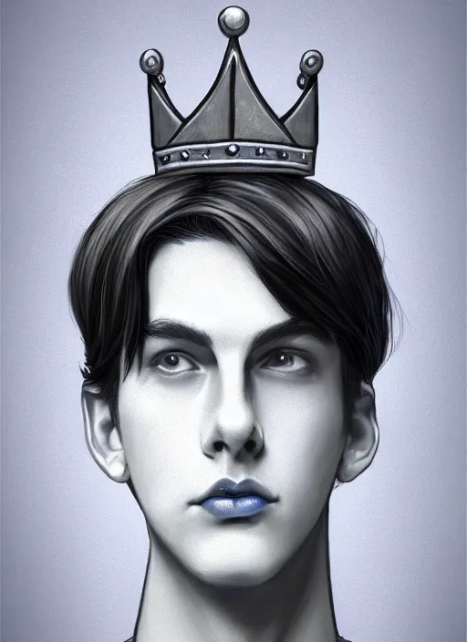 Image similar to portrait of teenage jughead jones wearing a light grey crown, crown, blue turtleneck, 1 9 5 0 s, closed eyes, photorealistic, black hair, glowing lighting, intricate, elegant, glowing lights, highly detailed, digital painting, artstation, concept art, smooth, sharp focus, illustration, art by wlop, mars ravelo and greg rutkowski