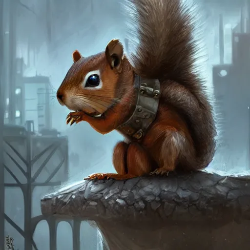 Image similar to Anthropomorphic Squirrel in cloak sitting atop a roof in a decimated city rossdraws,greg rutkowski,and Sarah Andersen,ambient style, very detailed,detailed armor,detailed helmet,movie poster type,cinematic lighting