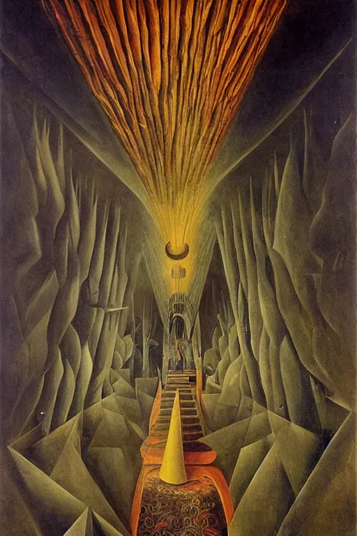 Image similar to surrealist painting by remedios varo full of subtle hints, mystic characters and misleading perspectives, ultrastation hq, 8 l, hyperrealistic, very highly detailed