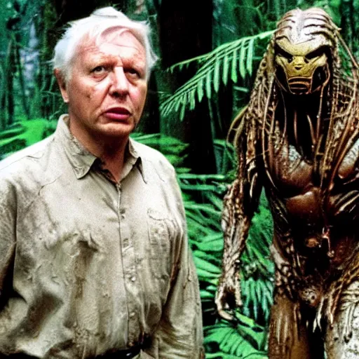 Image similar to cinematic still of sir david attenborough, covered in mud and standing in front!!!! of the predator!!!!! in 1 9 8 7 movie predator hd, 4 k